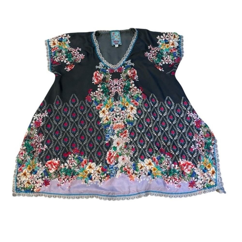 Johnny Was Audrey Silk Tunic Relaxed Flowy XS Gray Tropical Floral Embroidered